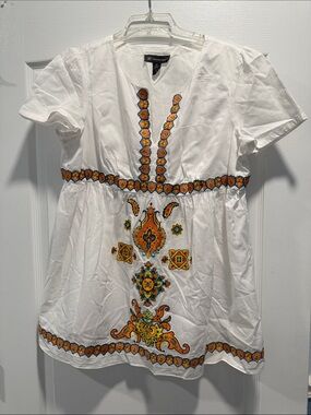 INC International Concepts White Tunic with Orange and Teal Embroidery